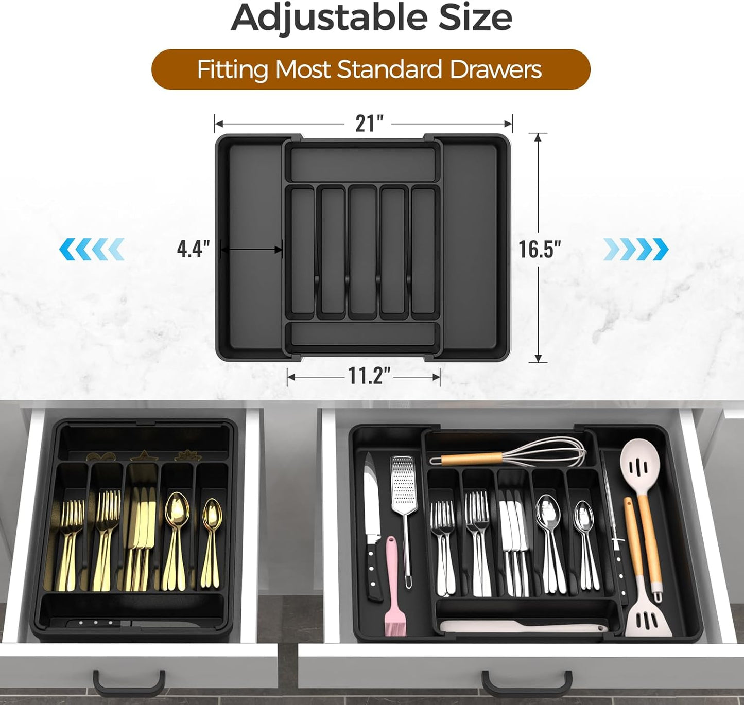 Extra Large Expandable Silverware Organizer – Adjustable Cutlery & Utensil Drawer Tray, BPA-Free Food-Safe Flatware Holder (Black)