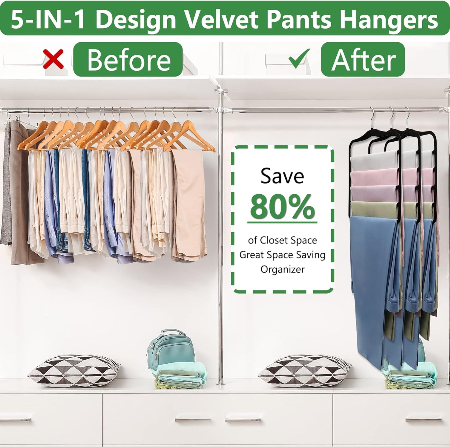 Closet Organizers and Storage – 3-Pack Velvet Pants Hangers, Space-Saving Closet Organizer for Dorms & Homes (Jeans, Scarves, Clothes)