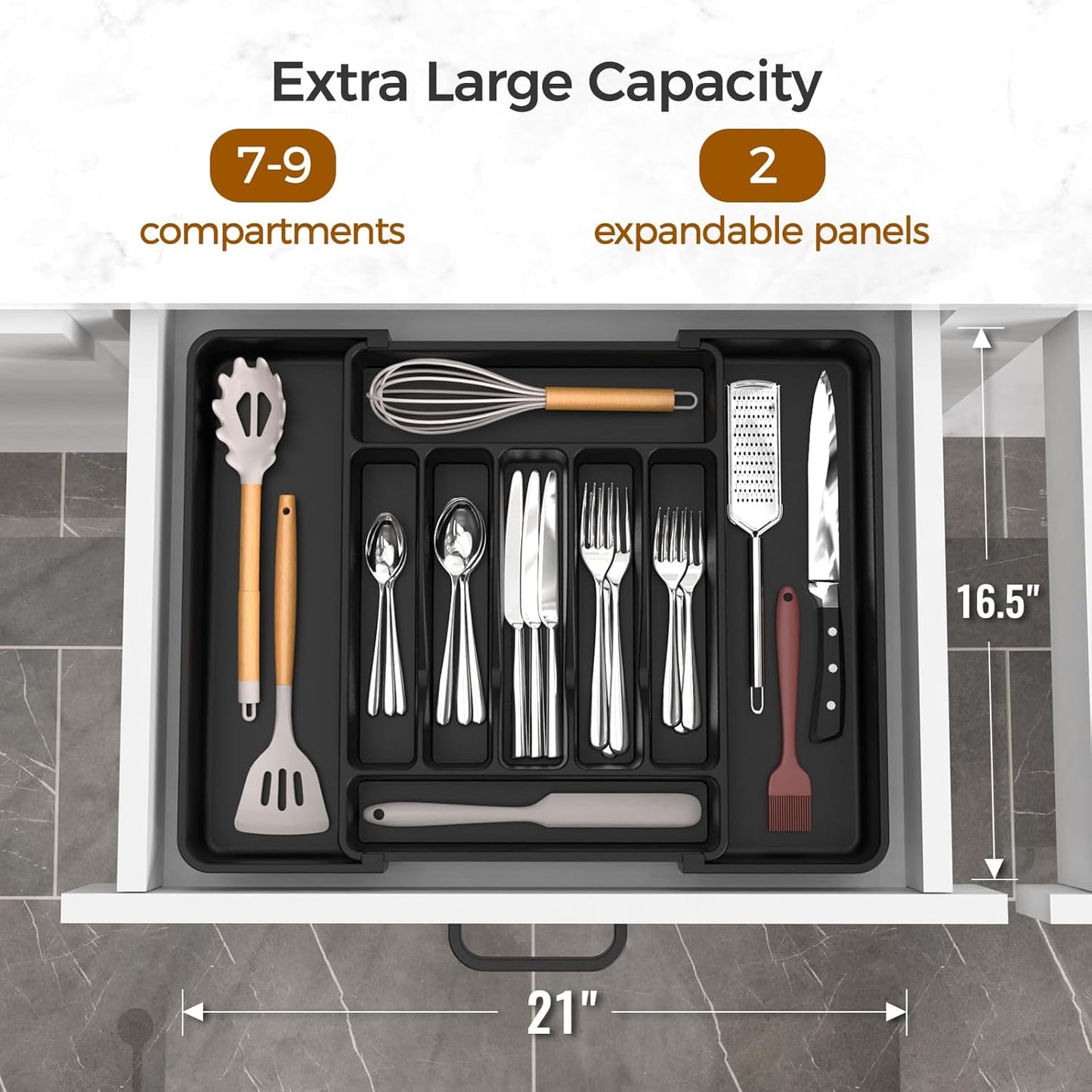 Extra Large Expandable Silverware Organizer – Adjustable Cutlery & Utensil Drawer Tray, BPA-Free Food-Safe Flatware Holder (Black)