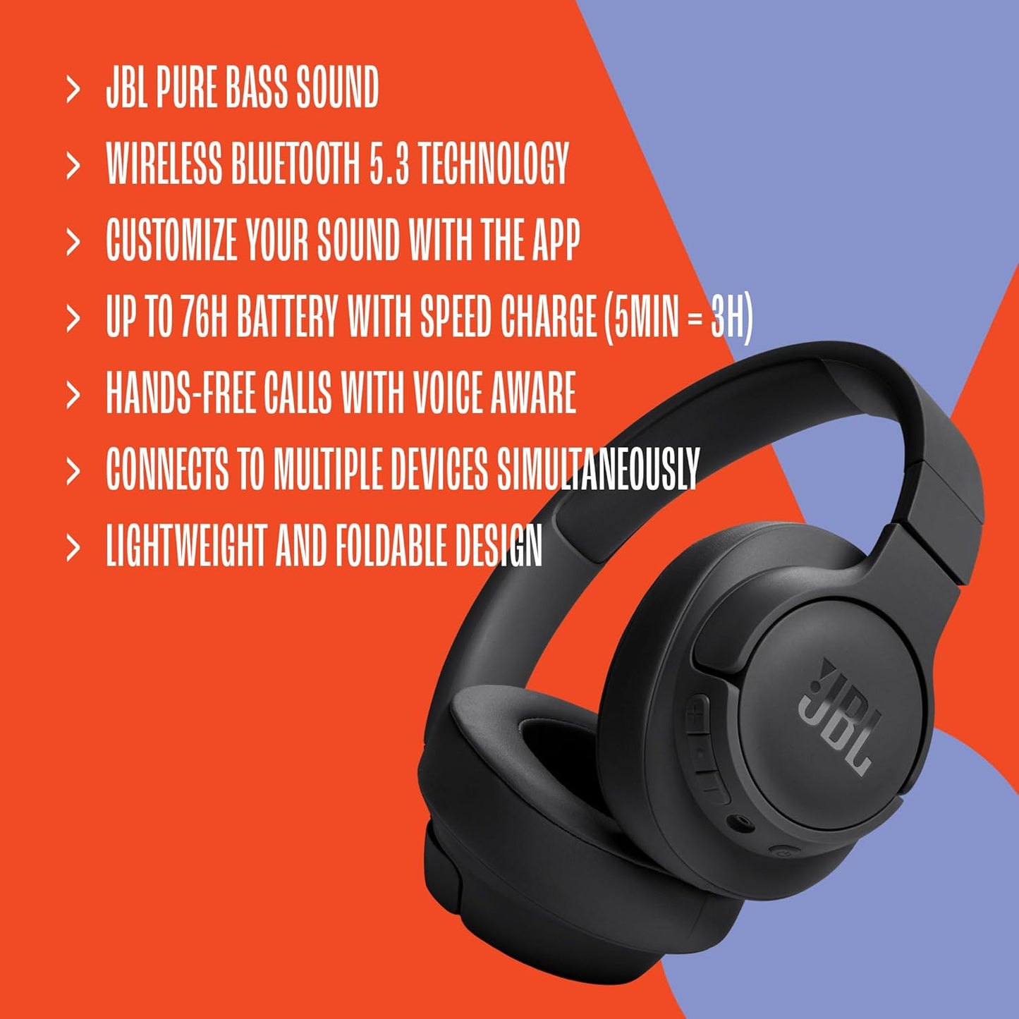 JBL Tune 720BT Wireless Over-Ear Headphones with Pure Bass Sound, 76H Battery & Bluetooth 5.3 – Foldable, Lightweight & Comfortable (Blue)