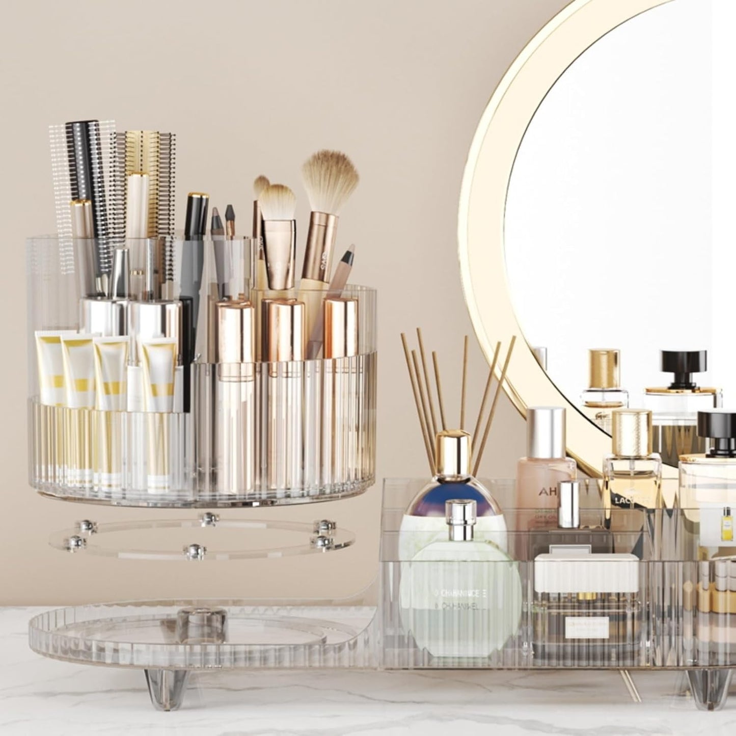 Rotating Makeup Organizer – 360° Crystal Clear Large Capacity Cosmetic Display Case, Fits Brushes, Lipsticks & Skincare