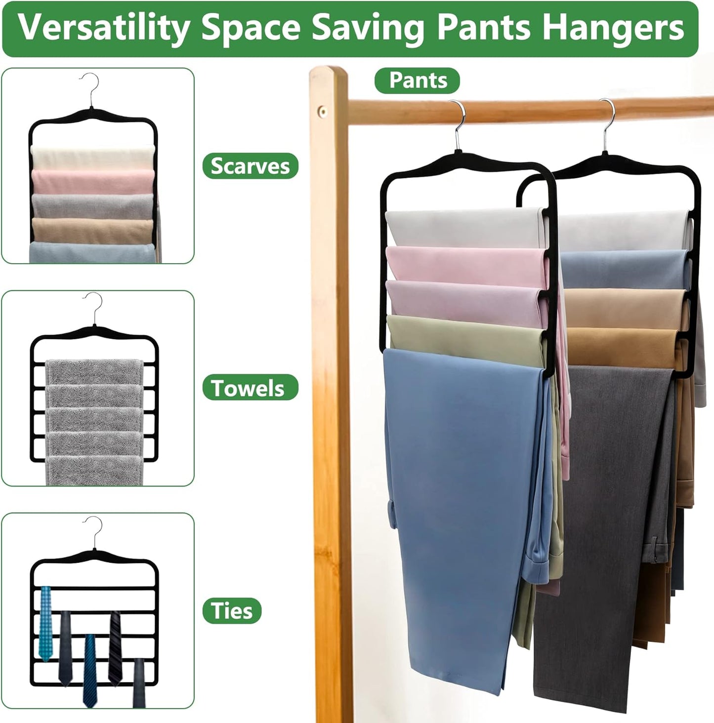 Closet Organizers and Storage – 3-Pack Velvet Pants Hangers, Space-Saving Closet Organizer for Dorms & Homes (Jeans, Scarves, Clothes)