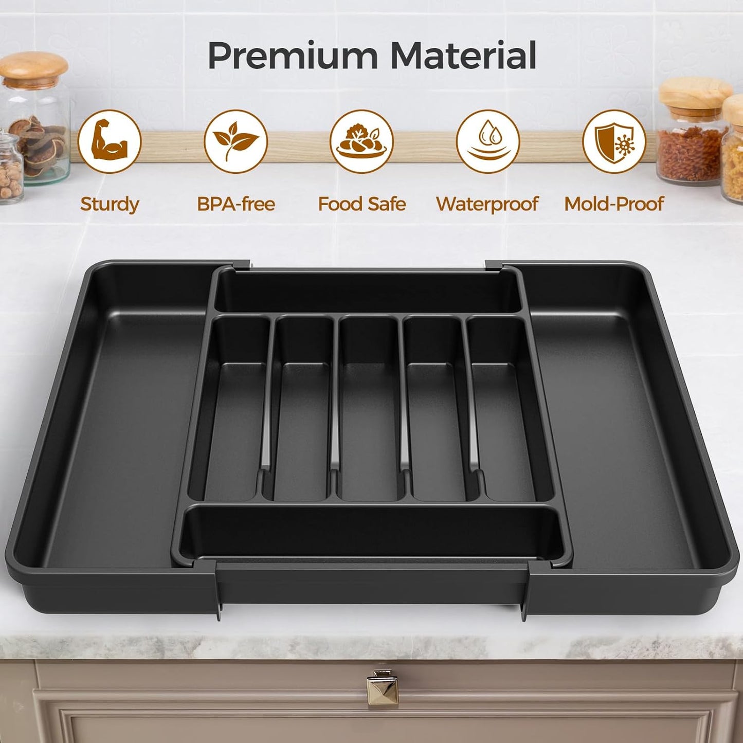 Extra Large Expandable Silverware Organizer – Adjustable Cutlery & Utensil Drawer Tray, BPA-Free Food-Safe Flatware Holder (Black)