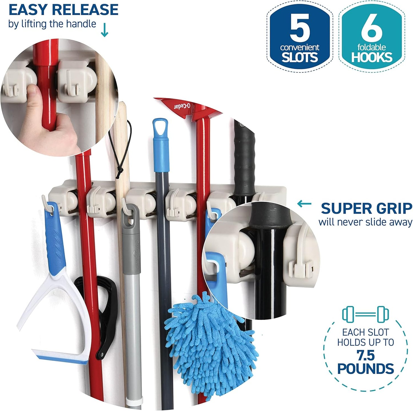 Ome-it Mop and Broom Holder Wall Mount – 5-Position Tool Rack for Garage, Closet & Garden Storage Organization