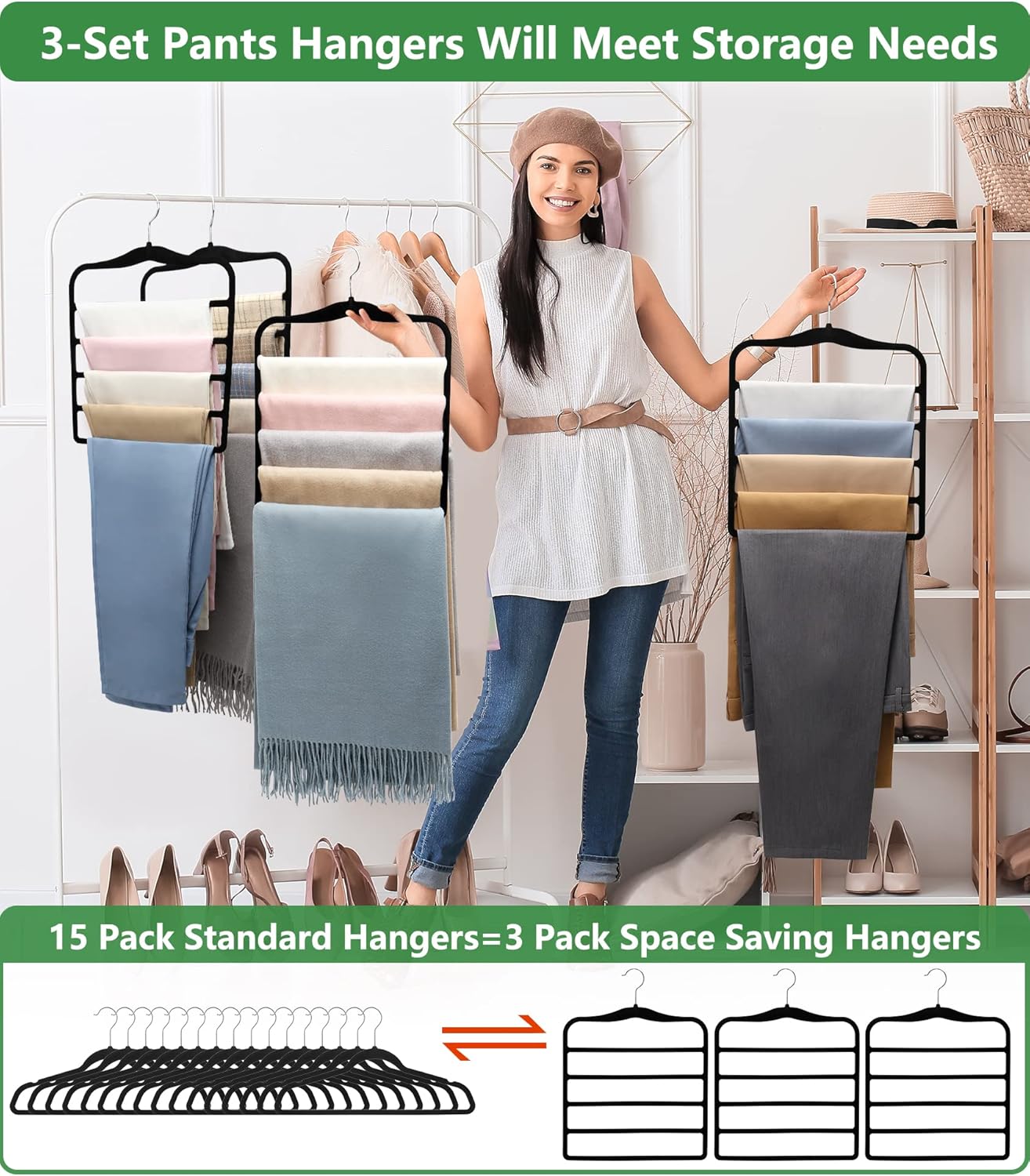 Closet Organizers and Storage – 3-Pack Velvet Pants Hangers, Space-Saving Closet Organizer for Dorms & Homes (Jeans, Scarves, Clothes)