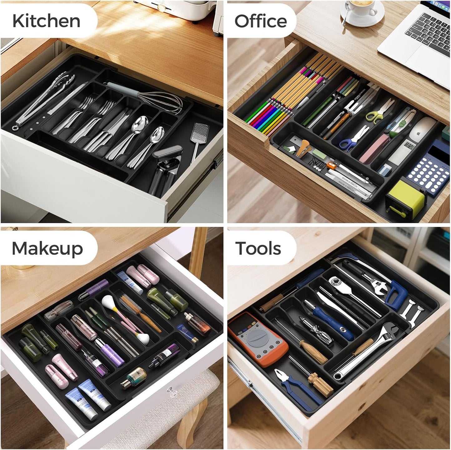 Extra Large Expandable Silverware Organizer – Adjustable Cutlery & Utensil Drawer Tray, BPA-Free Food-Safe Flatware Holder (Black)
