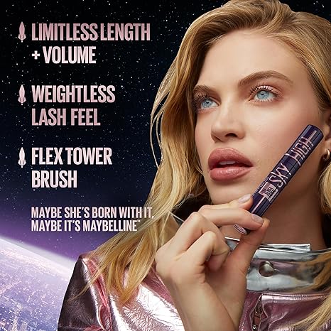 Maybelline Lash Sensational Sky High Washable Mascara, Volumizing & Lengthening Makeup for Full, Defined Lashes, Buildable Formula, Blackest Black, 1 Count