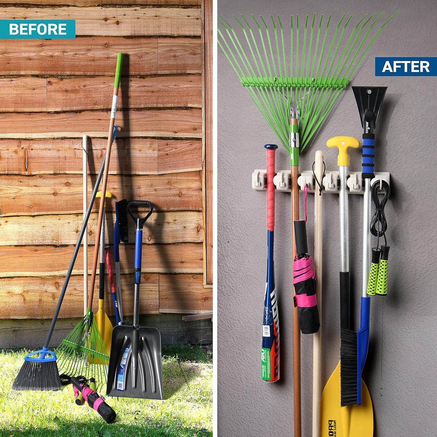 Ome-it Mop and Broom Holder Wall Mount – 5-Position Tool Rack for Garage, Closet & Garden Storage Organization