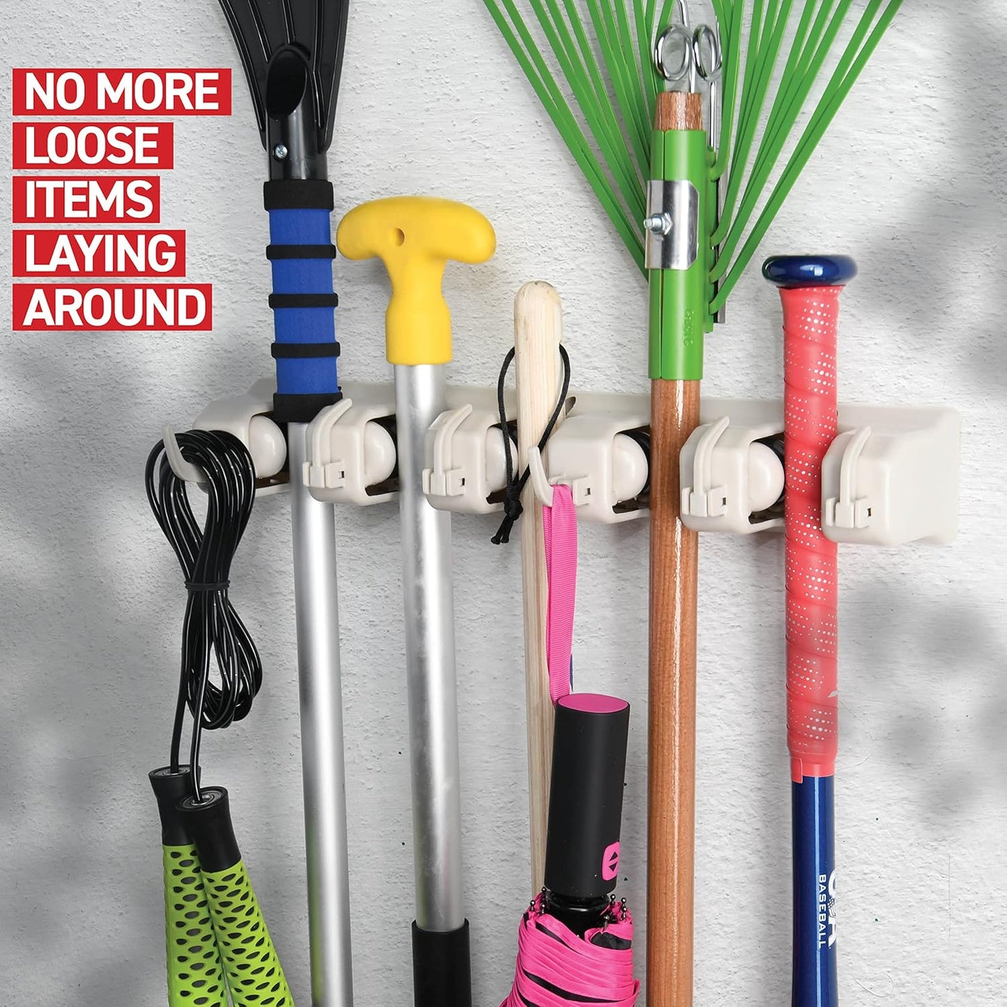 Ome-it Mop and Broom Holder Wall Mount – 5-Position Tool Rack for Garage, Closet & Garden Storage Organization