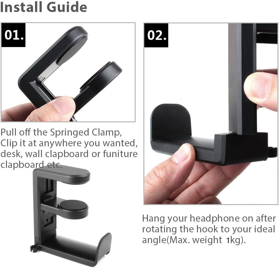 EURPMASK Rotating Headphone Stand – PC Gaming Headset Holder | Adjustable Clamp-On Under-Desk Hanger with 360° Swivel & Cable Clip – Black