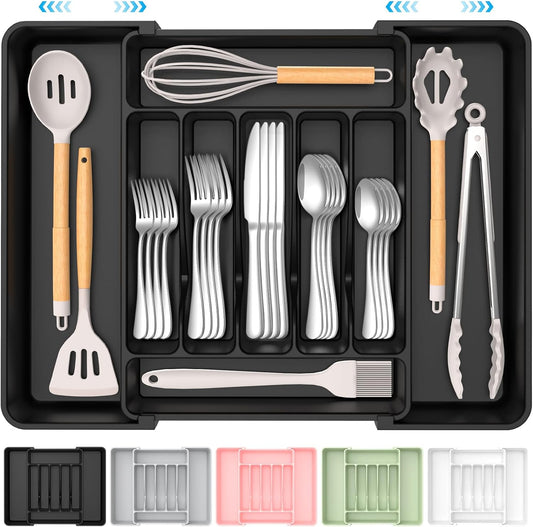 Extra Large Expandable Silverware Organizer – Adjustable Cutlery & Utensil Drawer Tray, BPA-Free Food-Safe Flatware Holder (Black)