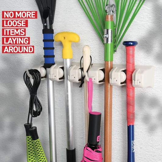 Ome-it Mop and Broom Holder Wall Mount – 5-Position Tool Rack for Garage, Closet & Garden Storage Organization